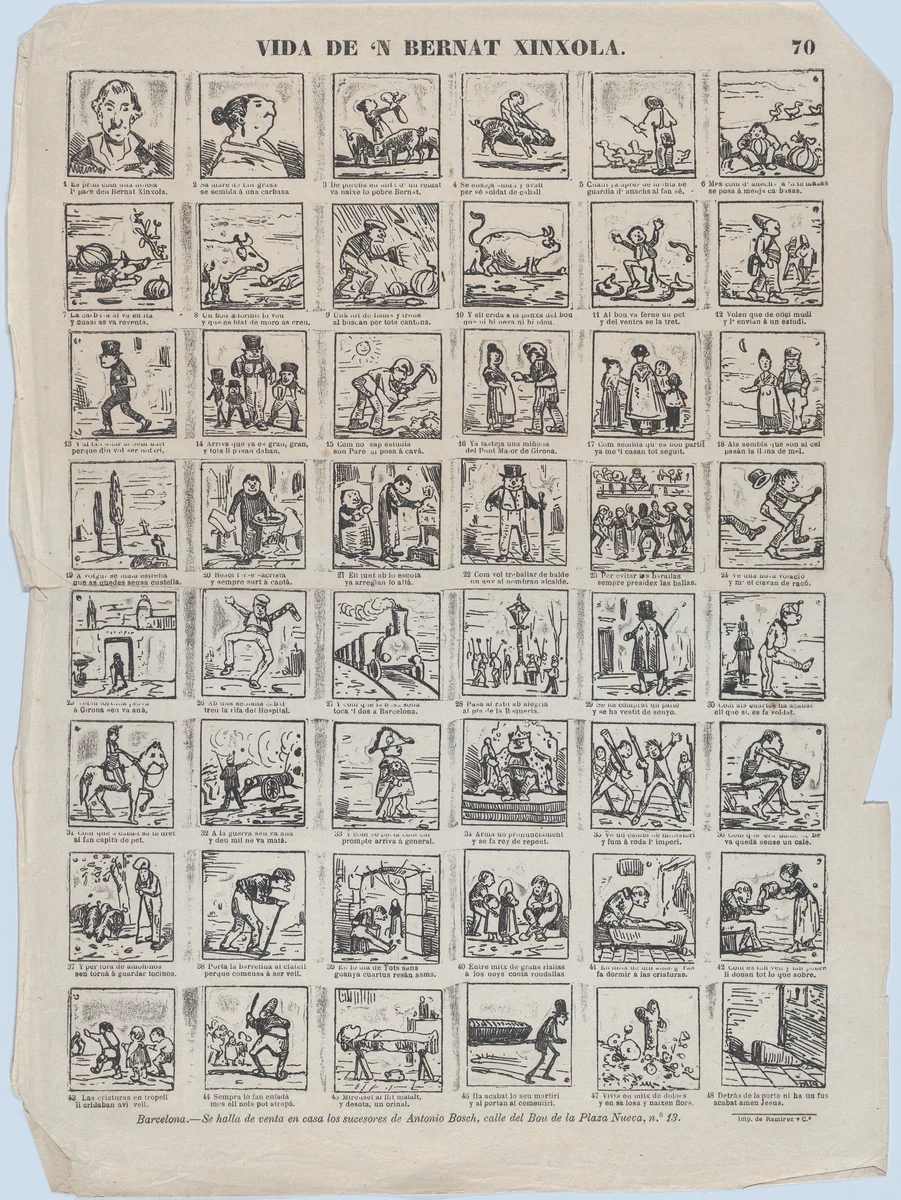 Broadside with 48 scenes relating to the life Bernat Xinxola by Antonio Bosch, print, 1860-1870