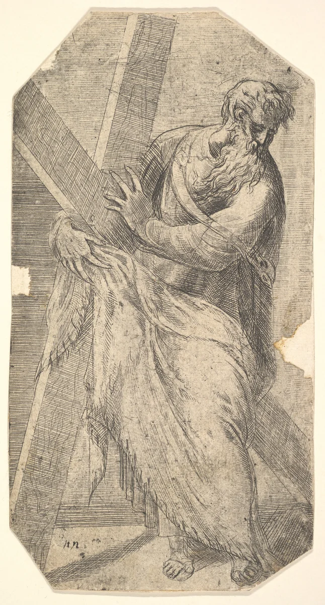Saint Andrew holding a large cross, from "Christ and the Apostles" by Andrea Schiavone, print, 1543-1553