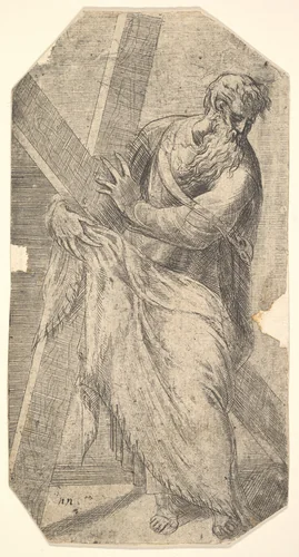 Saint Andrew holding a large cross, from "Christ and the Apostles" by Andrea Schiavone, print, 1543-1553