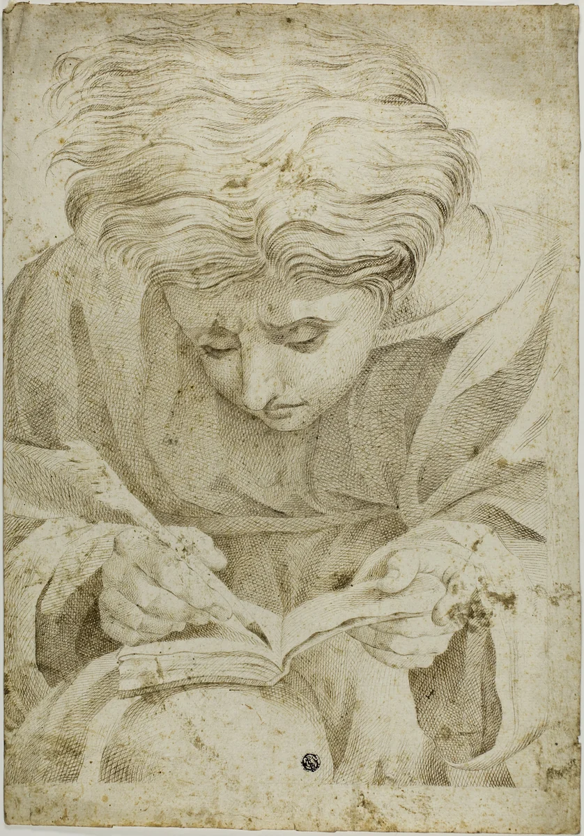 Seated Youth Writing in Book by Raffaello Sanzio, drawing, 1600-1799