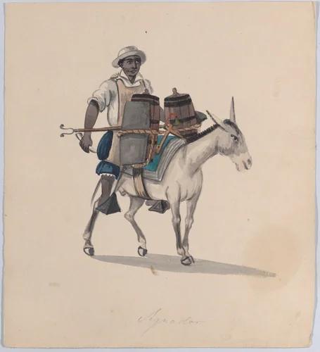 A watercarrier riding a donkey, from a group of drawings depicting Peruvian dress by Francisco Fierro, drawing, 1843-1853