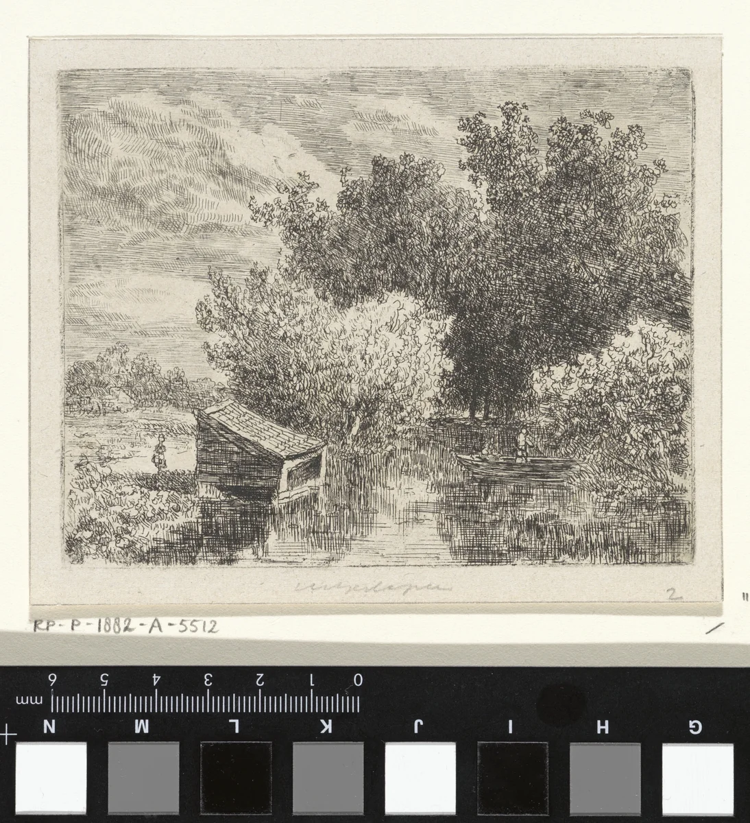 Boothuis aan een rivier by anonymous, print, 1830-1882