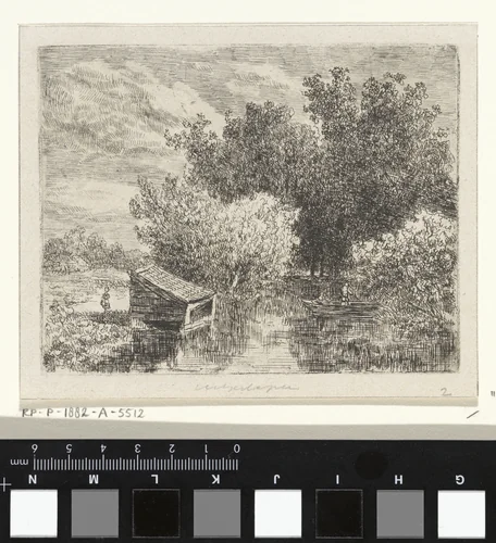 Boothuis aan een rivier by anonymous, print, 1830-1882