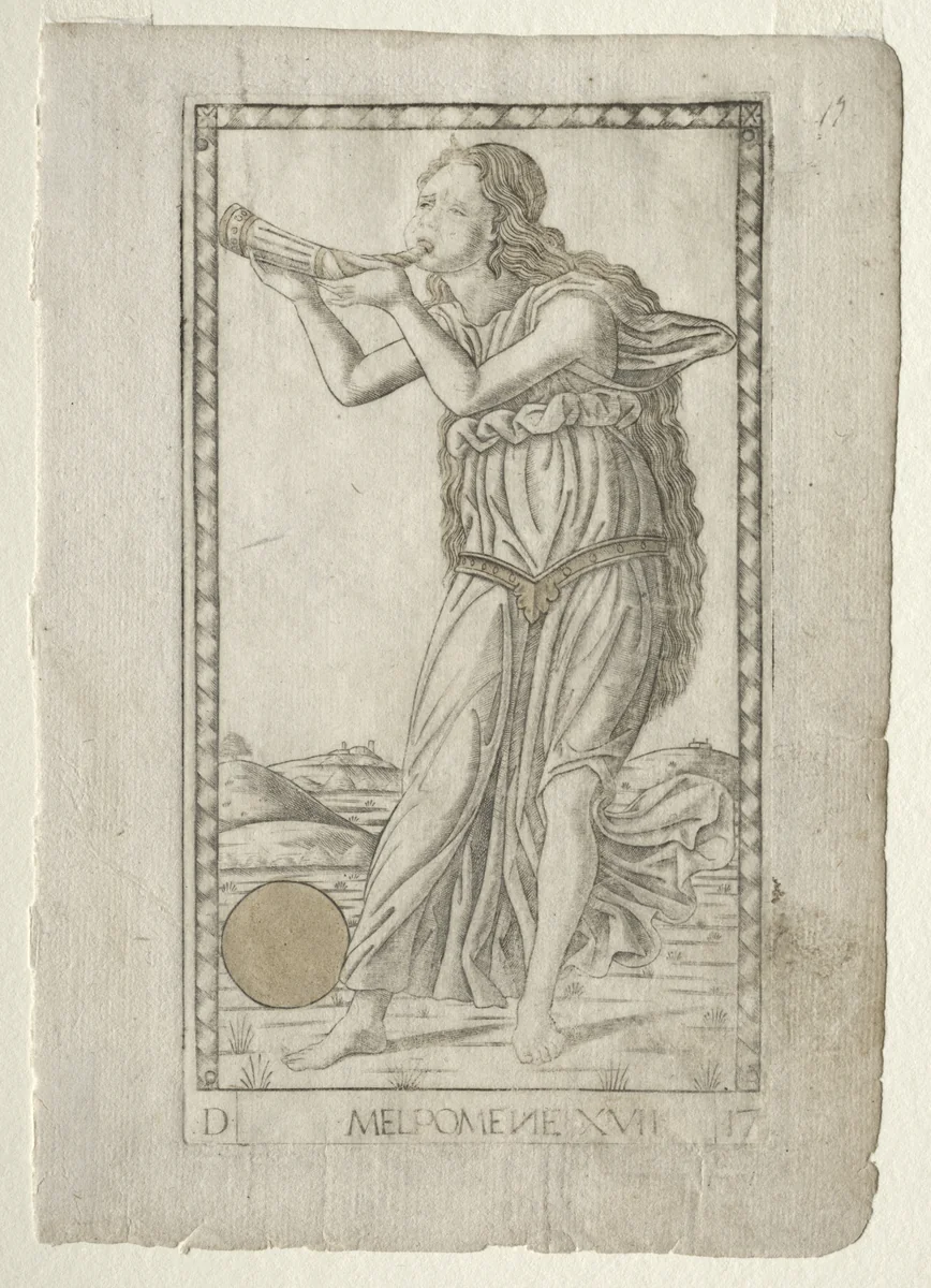 Melpomene (tragedy) (from the Tarocchi series D: Apollo and the Muses, #17) by Master of the E-Series Tarocchi, print, 1457-1467