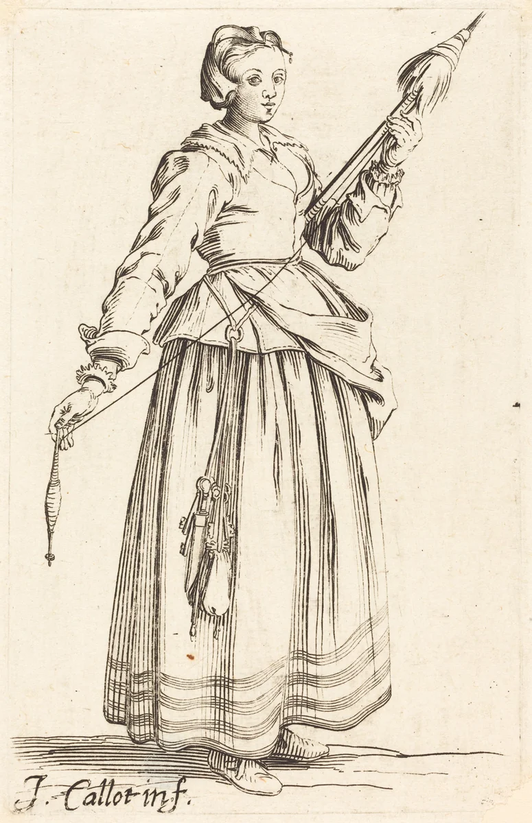 Young Woman with Distaff, Facing Right by Israel Henriet; Jacques Callot, print, 1590-1661