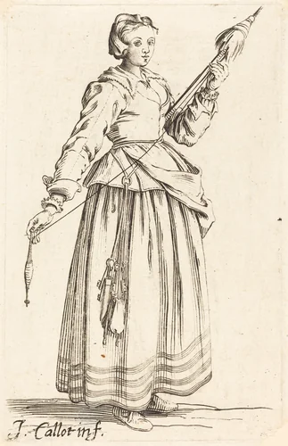 Young Woman with Distaff, Facing Right by Israel Henriet; Jacques Callot, print, 1590-1661