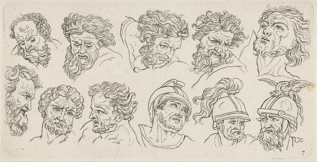 Elf studies van een mannenhoofd by Leonard Schenk, print, 1710-1767