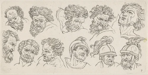 Elf studies van een mannenhoofd by Leonard Schenk, print, 1710-1767