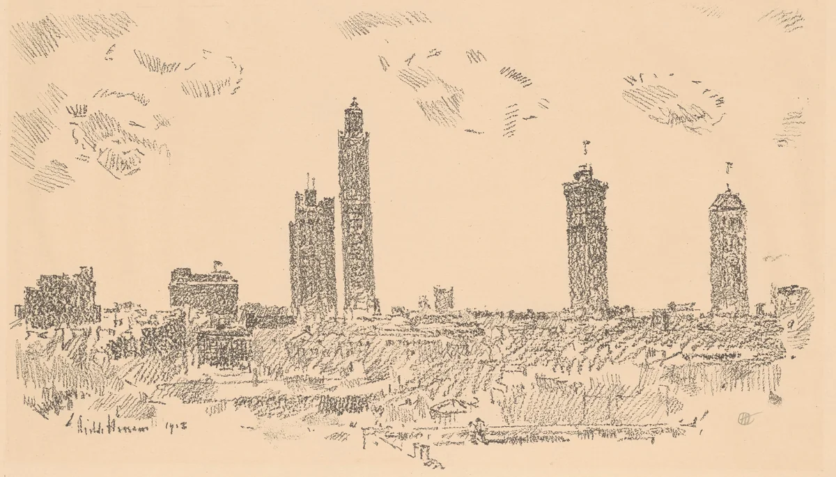 New York Sky Line, Dark Buildings by Childe Hassam, print, 1918