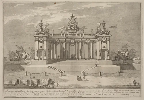 The Prima Macchina for the Chinea of 1757: The Colonnade of the Athenian Lyceum by Giuseppe Pozzi, print, 1757