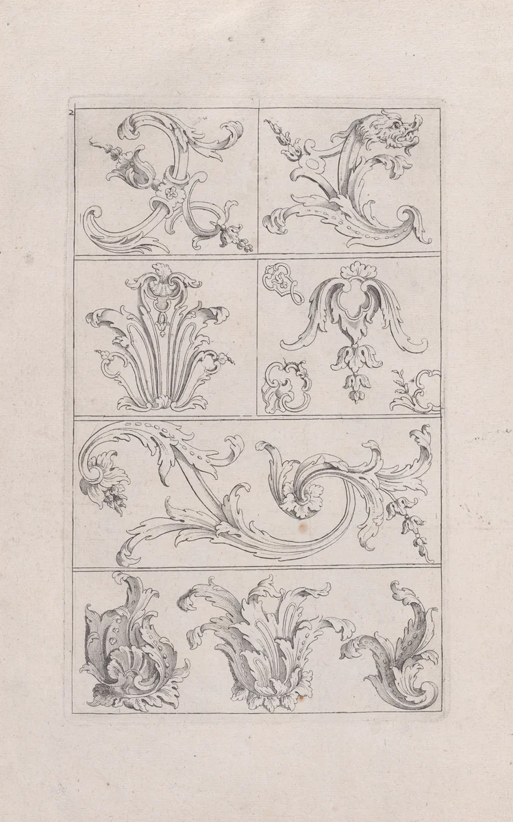 Plate 2, from "Livre Nouveau de Prinsipes D'Ornemens, tres facil. Pour apprendre a Dessigner" by Nicolas Guérard, print, 1710-1720