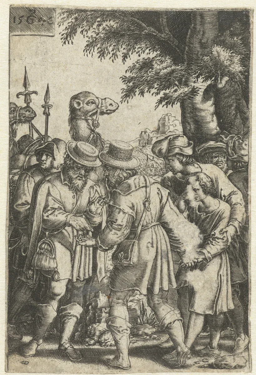 Jozef wordt aan kooplieden verkocht op weg naar Egypte by anonymous, print, 1546-1599