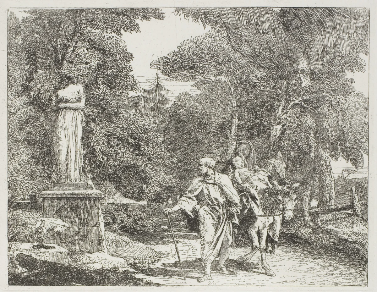 The Holy Family Passing a Statue, the Head of Which Falls to the Ground, plate 22 from The Flight into Egypt by Giovanni Domenico Tiepolo, print, 1753