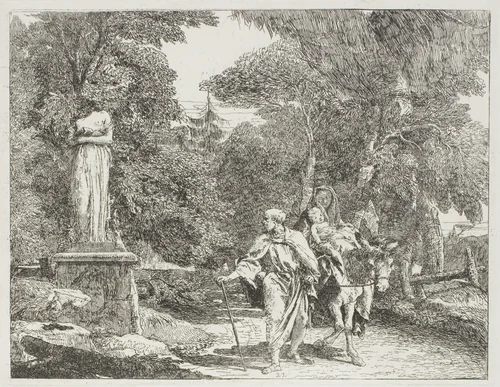 The Holy Family Passing a Statue, the Head of Which Falls to the Ground, plate 22 from The Flight into Egypt by Giovanni Domenico Tiepolo, print, 1753