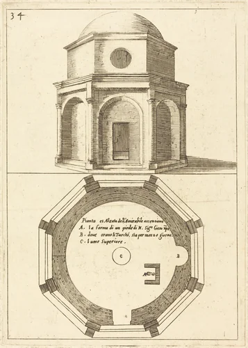 Plan and Elevation of the Church of the Ascension by Jacques Callot, print, 1619