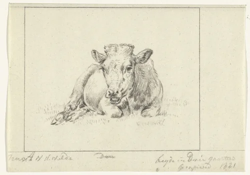 Liggende koe, van voren by Jean Bernard, drawing, 1821