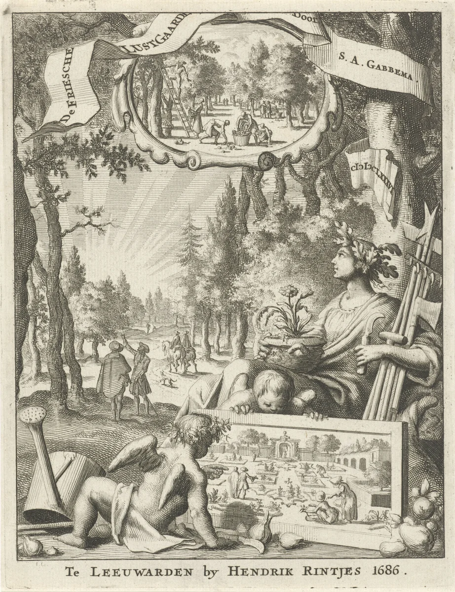 Vrouw zit met tuingereedschap en een bloempot op schoot onder een boom by Jan Luyken, print, 1686