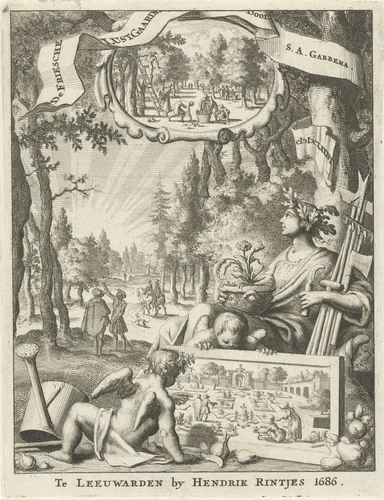 Vrouw zit met tuingereedschap en een bloempot op schoot onder een boom by Jan Luyken, print, 1686