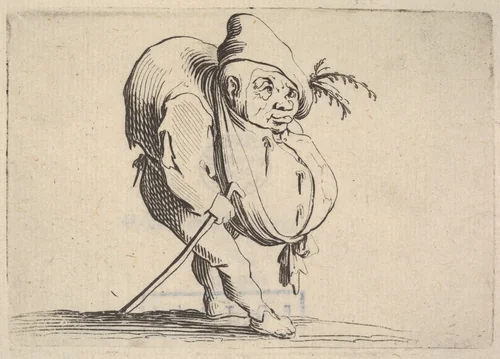 Small figure striding forward with cane and bulging abdomen, body in profile view and head in three-quarters view, from "Varie Figure Gobbi" by Jacques Callot, print, 1621-1625