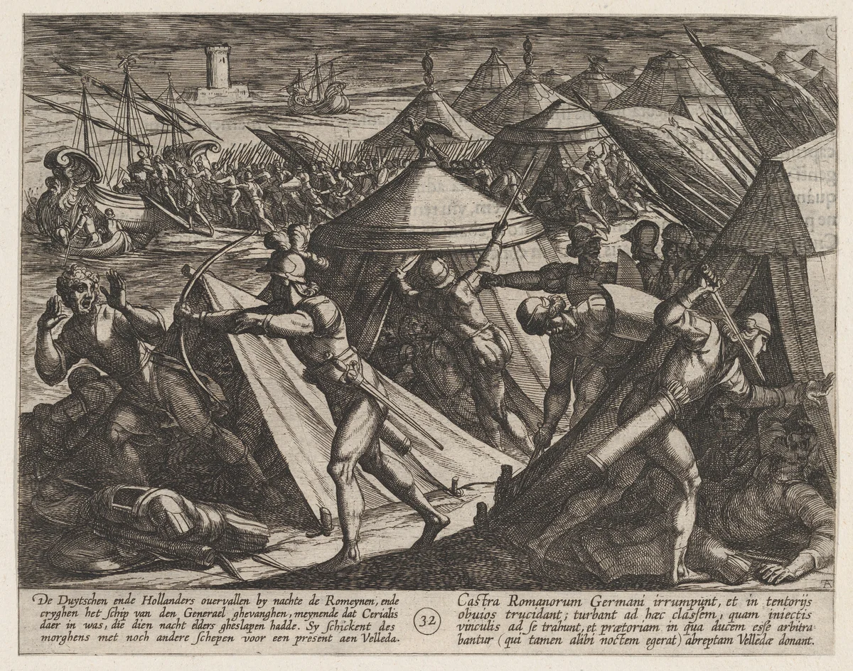 Plate 32: Dutch and Germans Atttack the Roman Camp and Capture Cerialis' Boat, from The War of the Romans Against the Batavians (Romanorvm et Batavorvm societas) by Antonio Tempesta, print, 1611-1612