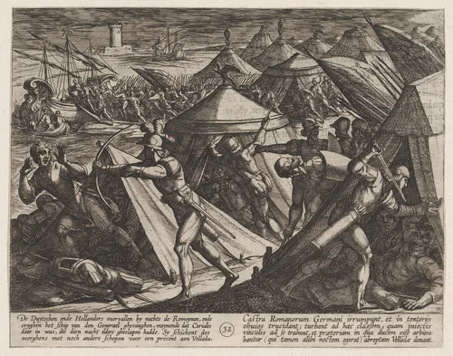 Plate 32: Dutch and Germans Atttack the Roman Camp and Capture Cerialis' Boat, from The War of the Romans Against the Batavians (Romanorvm et Batavorvm societas) by Antonio Tempesta, print, 1611-1612