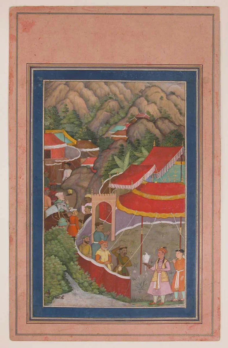 "Encampment in the Hills: Jahangir with Falcon", Folio from a Manuscript of the Akbarnama. Folio from the Davis Album by Abu'l Fazl, manuscript, 1600-1625
