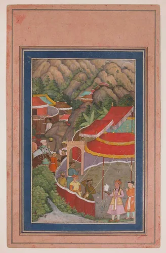 "Encampment in the Hills: Jahangir with Falcon", Folio from a Manuscript of the Akbarnama. Folio from the Davis Album by Abu'l Fazl, manuscript, 1600-1625