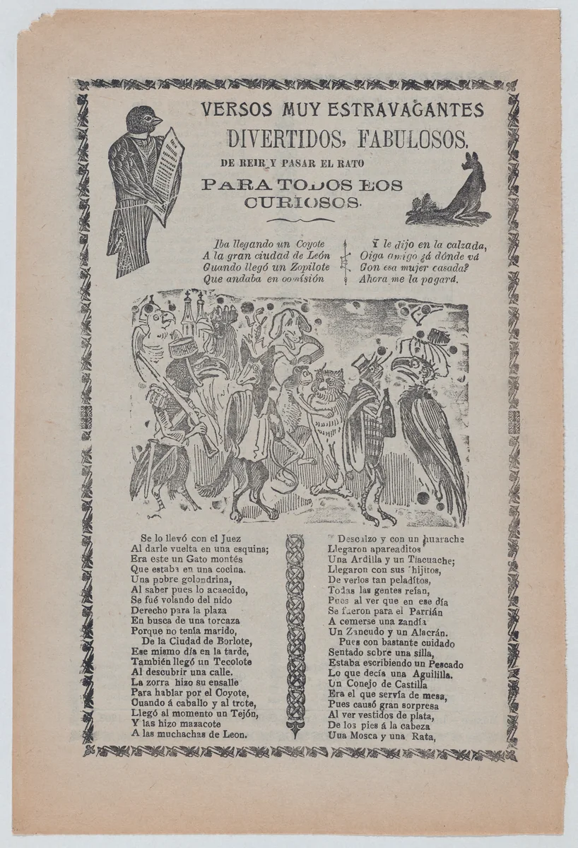 Broadsheet with comic verses, a group of animals wearing human clothes and playing music by José Guadalupe Posada, print, 1903-1913