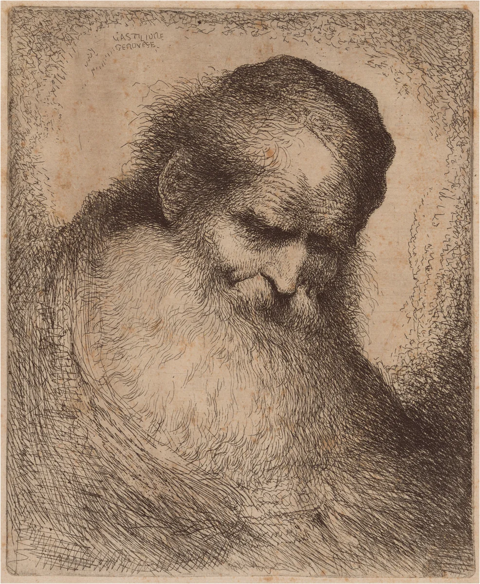 Old Man with a Long Beard and Skullcap, Leaning Forward by Giovanni Benedetto Castiglione, print, 1640-1650