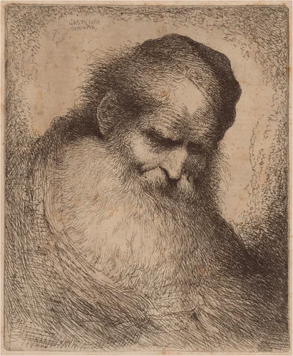 Old Man with a Long Beard and Skullcap, Leaning Forward by Giovanni Benedetto Castiglione, print, 1640-1650