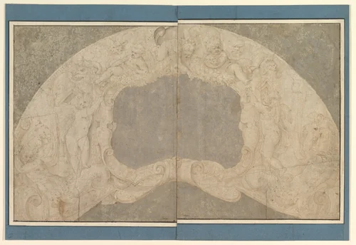 Design for the Decoration of a Lunette with a Large Central Cartouche by Battista Franco, drawing, 1498-1561