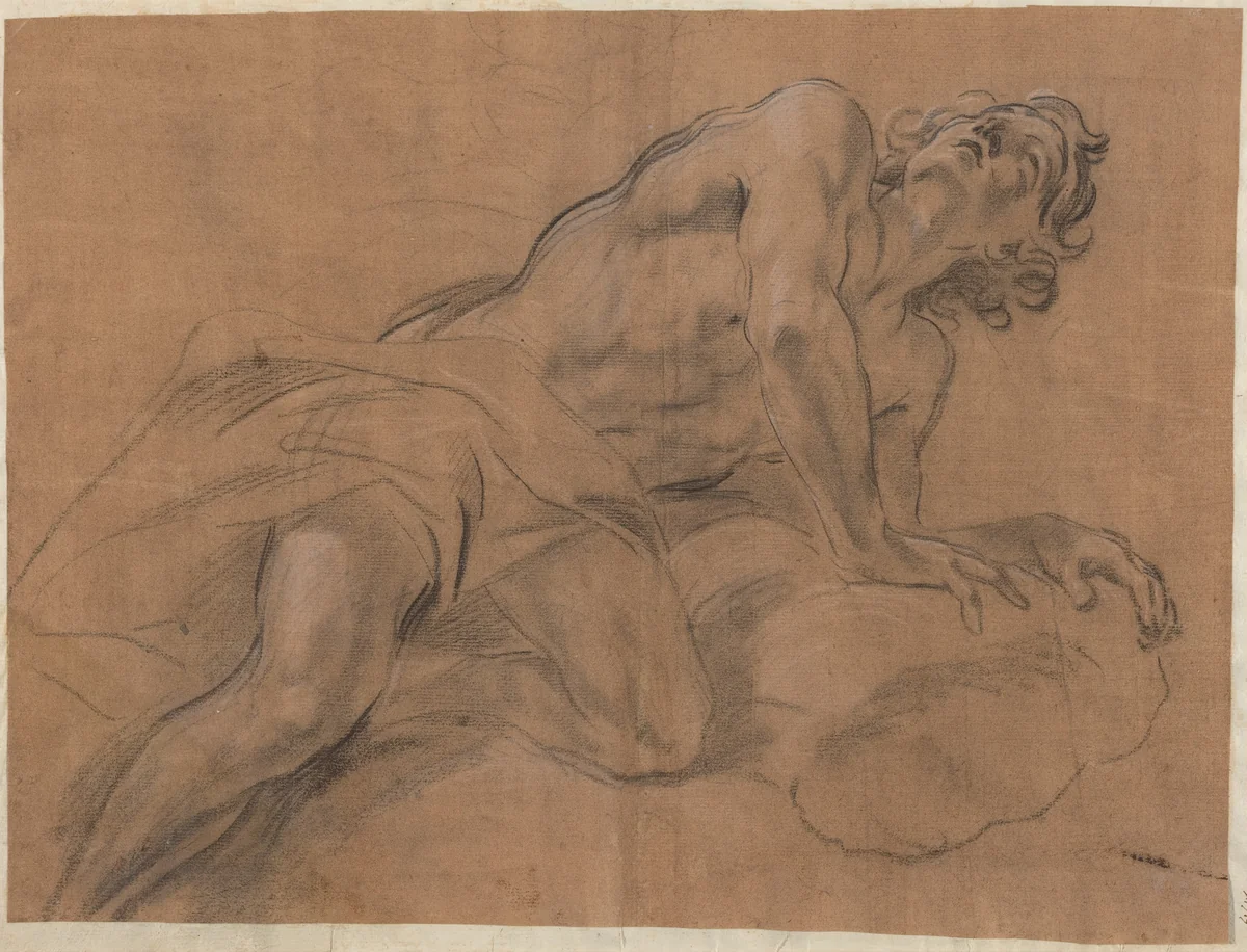 Nude Youth Leaning on a Cloud and Gazing Upward by Giovanni Battista Beinaschi, drawing, 1675