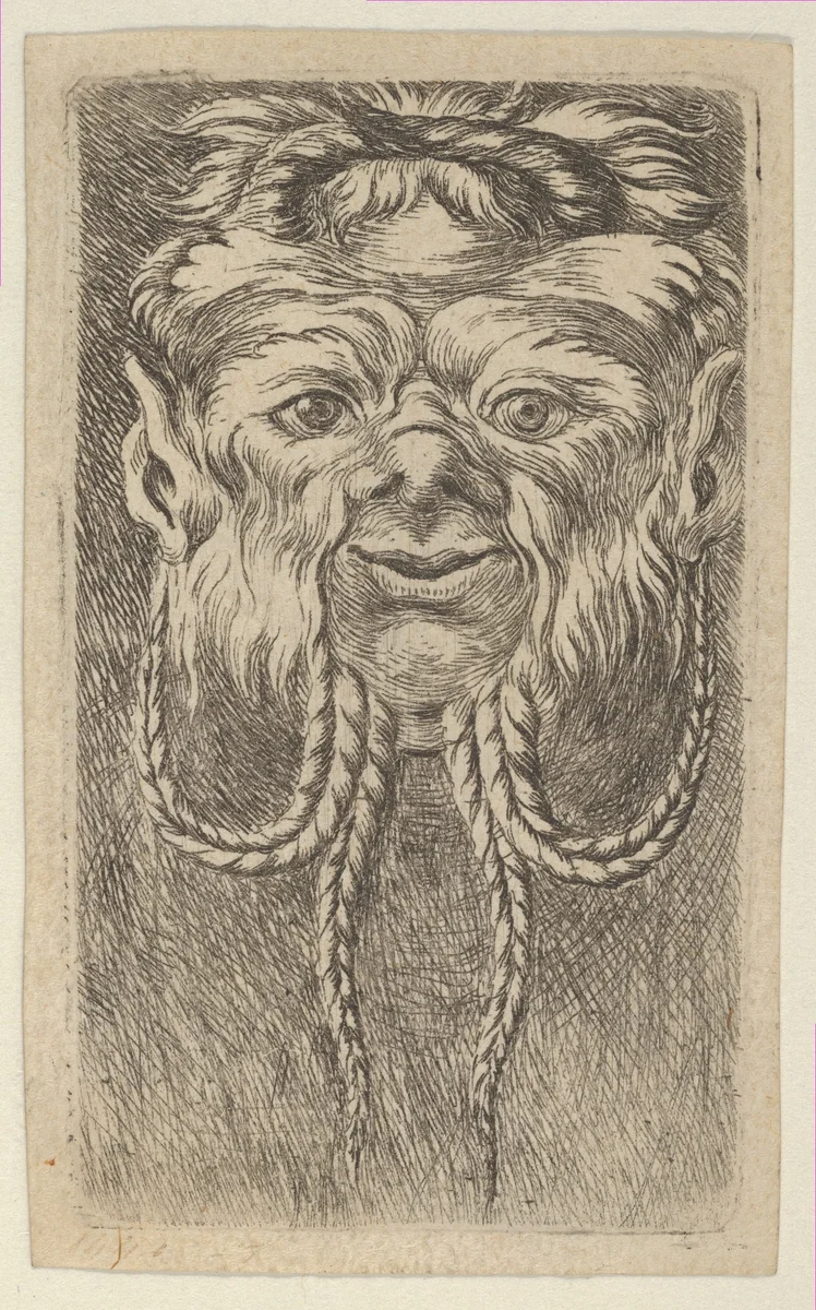 Satyr Mask with Overlapping Horns and Four Braided Strands of Beard, from "Divers Masques" by François Chauveau, print, 1630-1650
