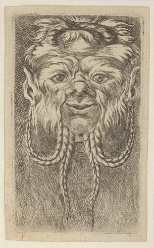 Satyr Mask with Overlapping Horns and Four Braided Strands of Beard, from "Divers Masques" by François Chauveau, print, 1630-1650