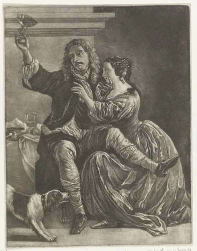 Drinkende man op de schoot van een vrouw by anonymous, print, 1680-1780