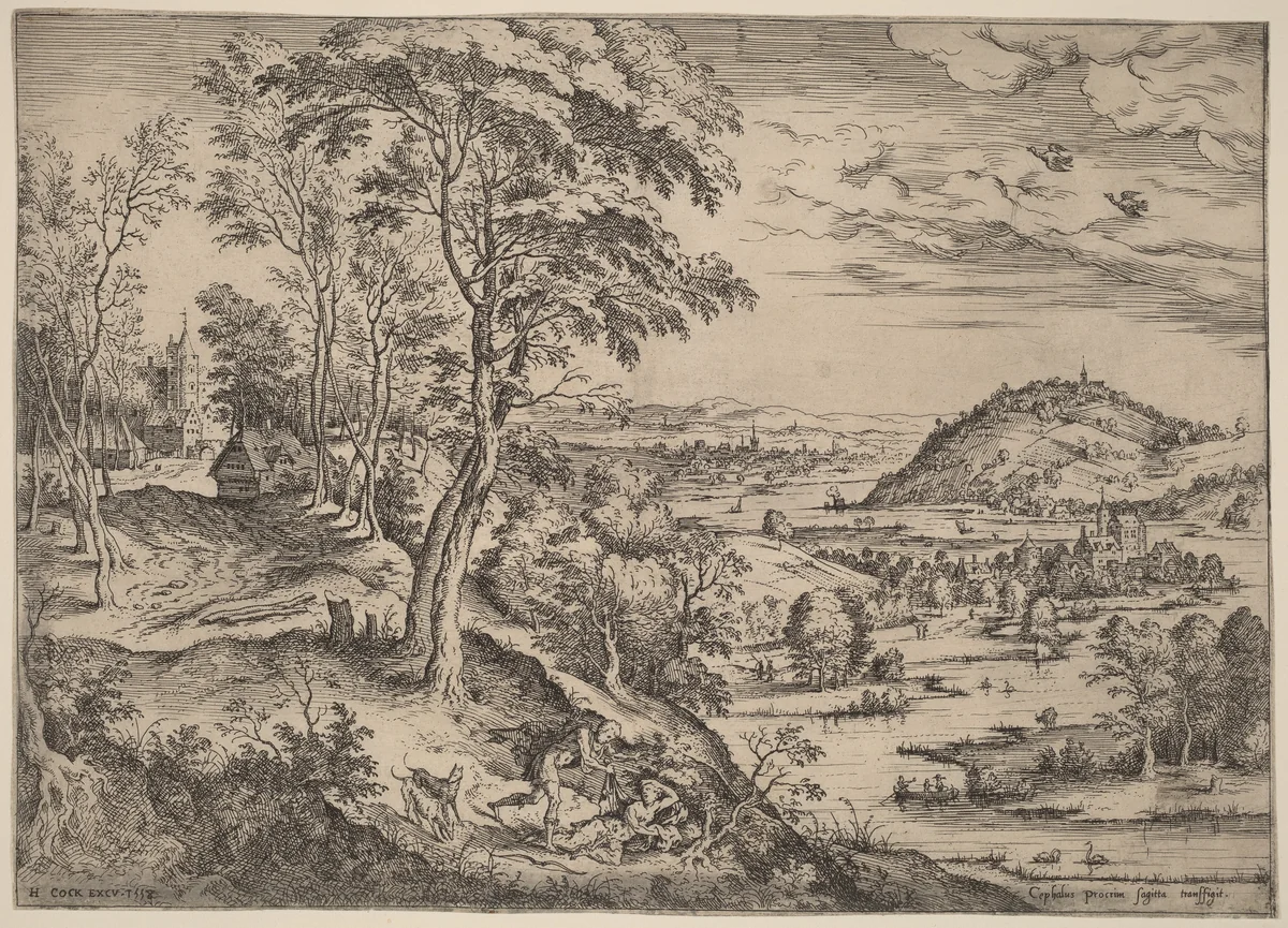 Cephalus and Procris by Hieronymus Cock, print, 1558