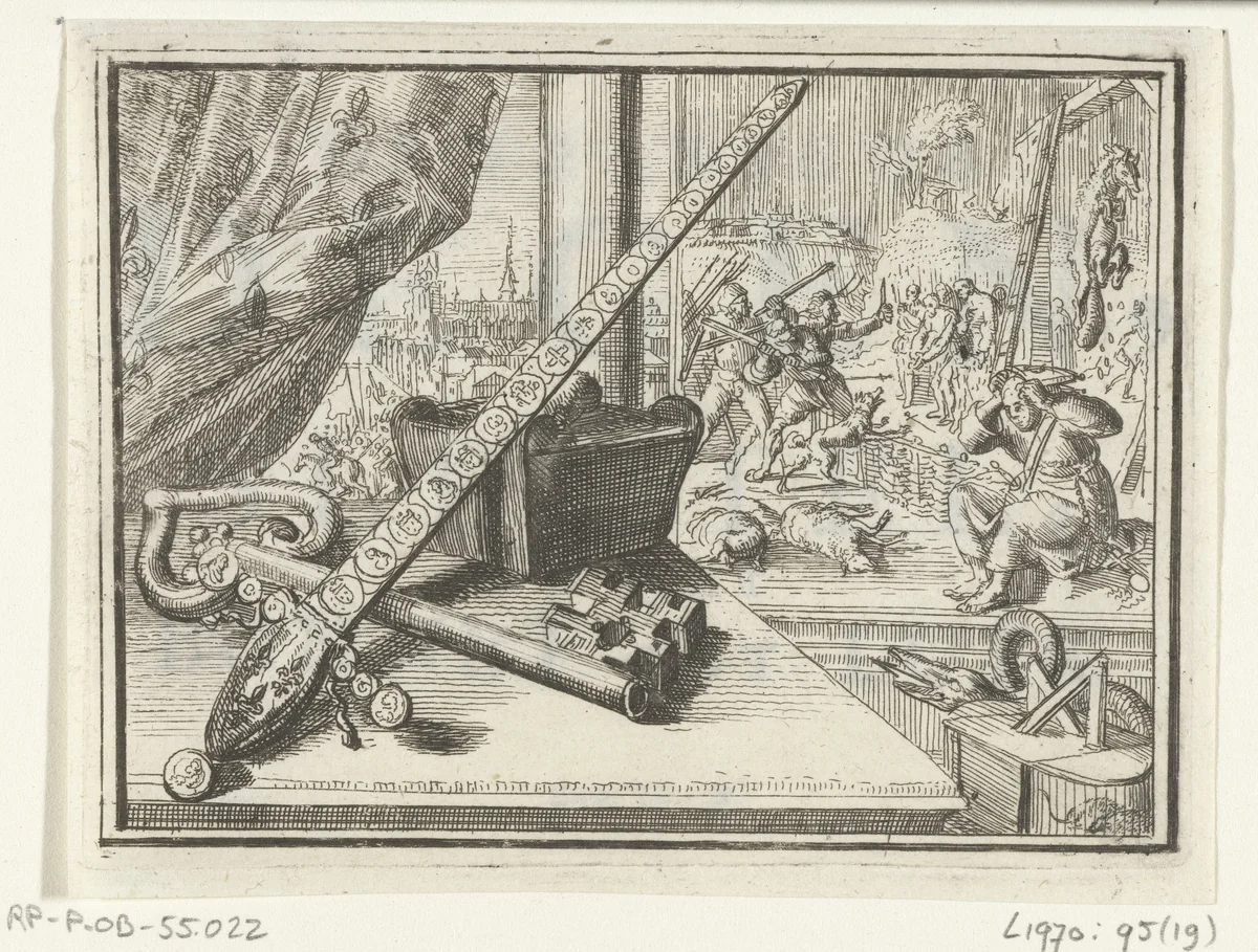 Titelblad voor het pamflet: De Fransche Degen, de Sleutel, en het Bonnet tot Luyk, 1701 by Romeyn de Hooghe, print, 1701