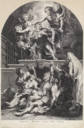 H. Rochus wordt door Christus aangesteld tot patroon van de pestlijders by anonymous, print, 1626-1676