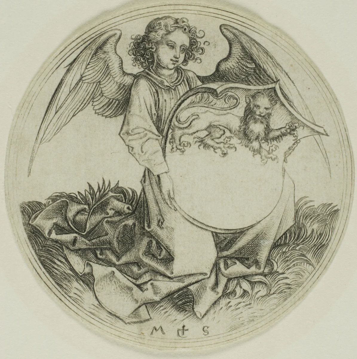 Shield with a Lion, Held by an Angel by Martin Schongauer, print, 1450-1491