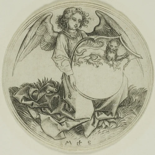 Shield with a Lion, Held by an Angel by Martin Schongauer, print, 1450-1491
