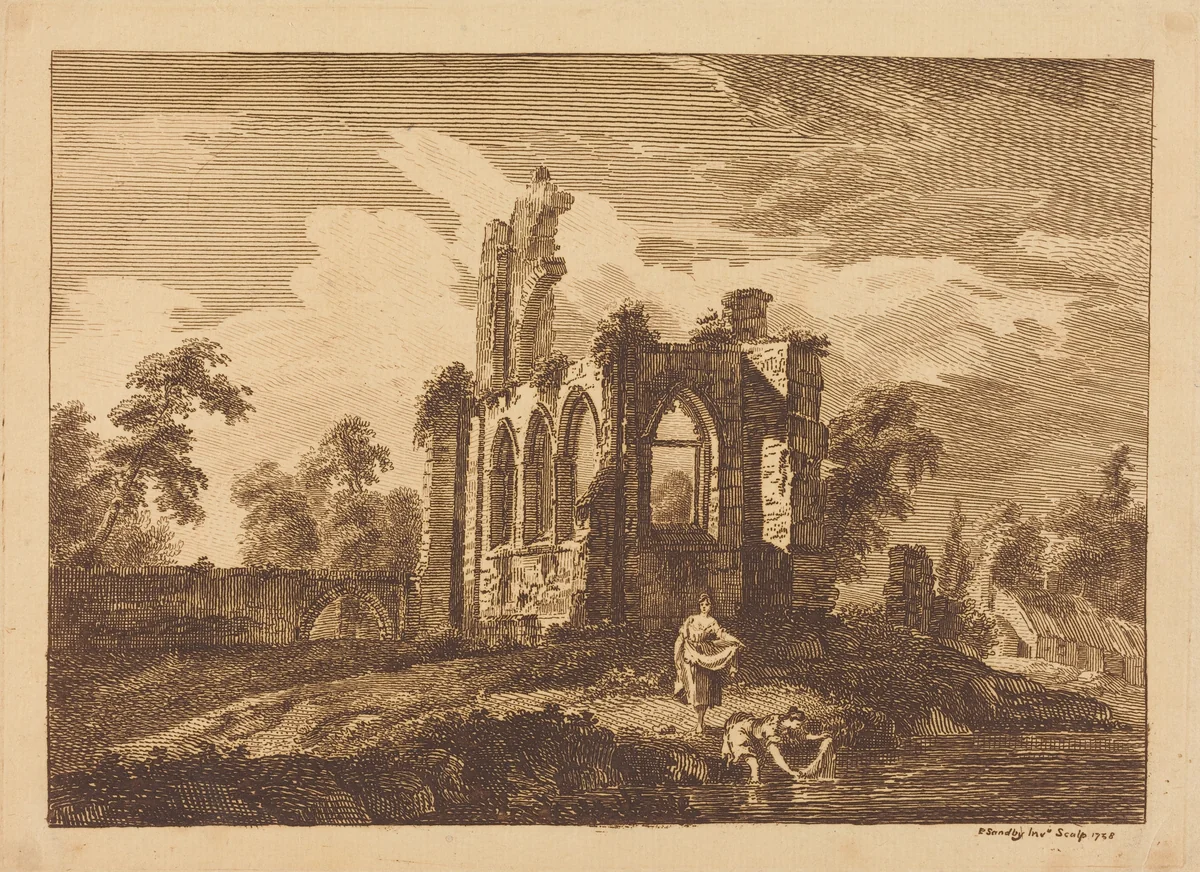 Ruins with Two Women Washing Clothes in a River by Paul Sandby, print, 1758