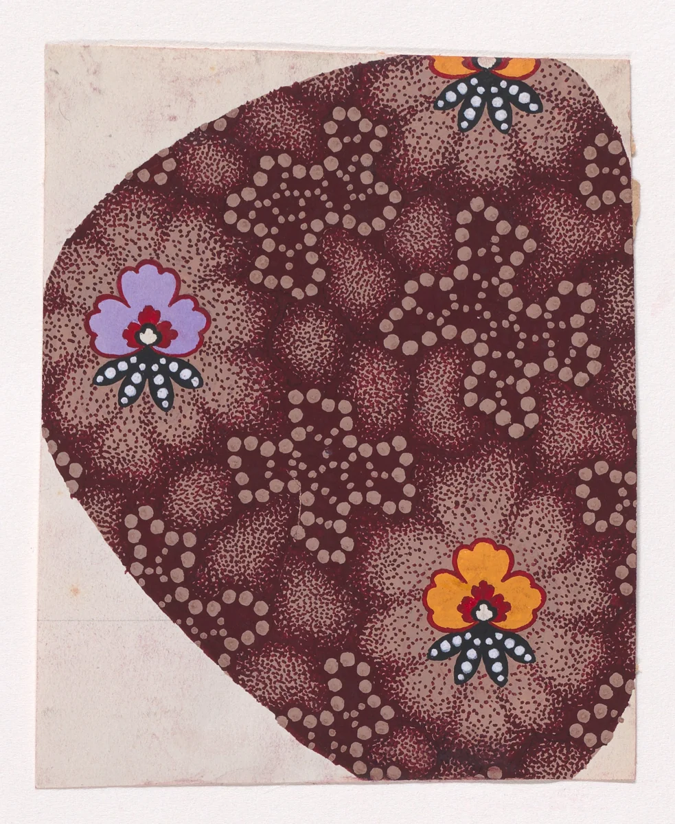 Textile Design with Alternating Vertical Rows of Stylized Flowers Decorated with Pearls and Alternating Rows of Amoeba Shapes Made with Dots over an Abstract Honeycomb Pattern Background by anonymous, drawing, 1840