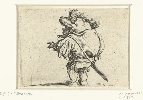 Kleine mens (karikatuur) met zwaard, een knopenrij op de rug by Jacques Callot, print, 1621-1625