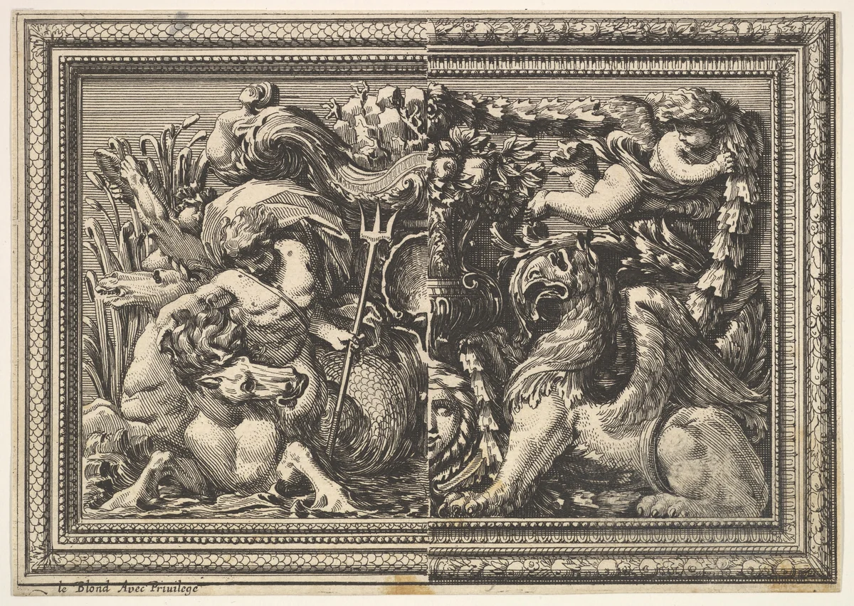 Design for a Panel with Two Variants containing a Hippocamp and a Griffin, from "Ornements de panneaux à la romaine" by Jean Le Pautre, print, 1651