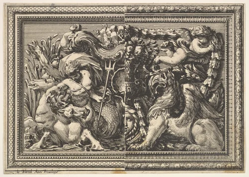 Design for a Panel with Two Variants containing a Hippocamp and a Griffin, from "Ornements de panneaux à la romaine" by Jean Le Pautre, print, 1651