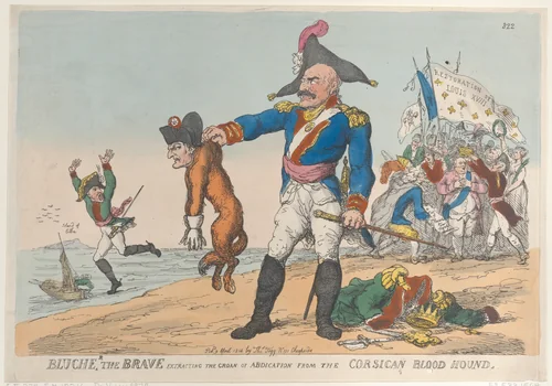 Blucher the Brave Extracting the Groan of Abdication from the Corsican Blood Hound by Thomas Rowlandson, print, 1814