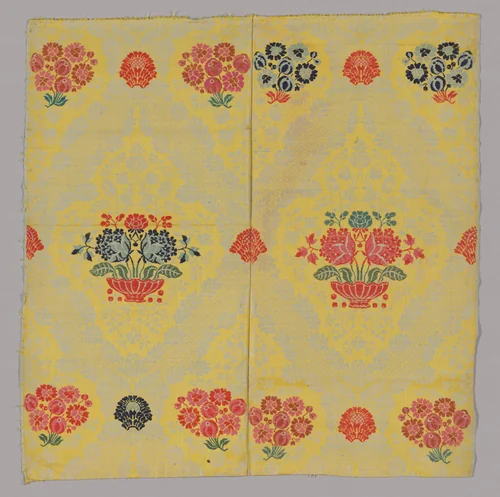 Two Joined Panels of Brocaded Yellow Furnishing Wool by England, Probably Norwich, textile, 1720-1729