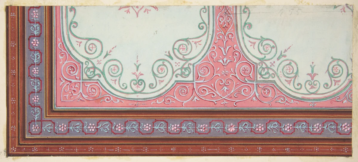 Partial design for the decoration of a ceiling with scrollwork and a border of ribbons and berries by Jules-Edmond-Charles Lachaise, drawing, 1830-1897