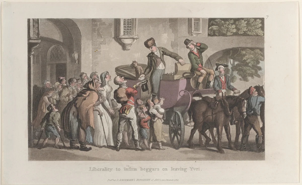 Liberality to infirm beggars on leaving Yrvi, from "Journal of Sentimental Travels in the Southern Provinces of France, Shortly Before the Revolution" by Thomas Rowlandson, print, 1821