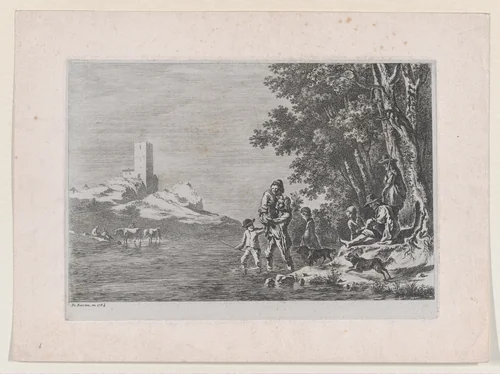 Figures Crossing a River by Johann Georg Primavesi, print, 1807
